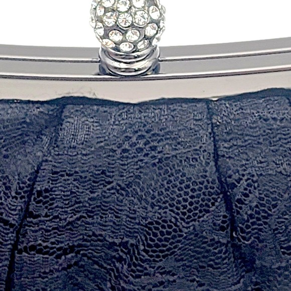 Black Lace Evening Clutch Purse Shoulder Bag Rhinestone Closure Chain Strap - Picture 2 of 7